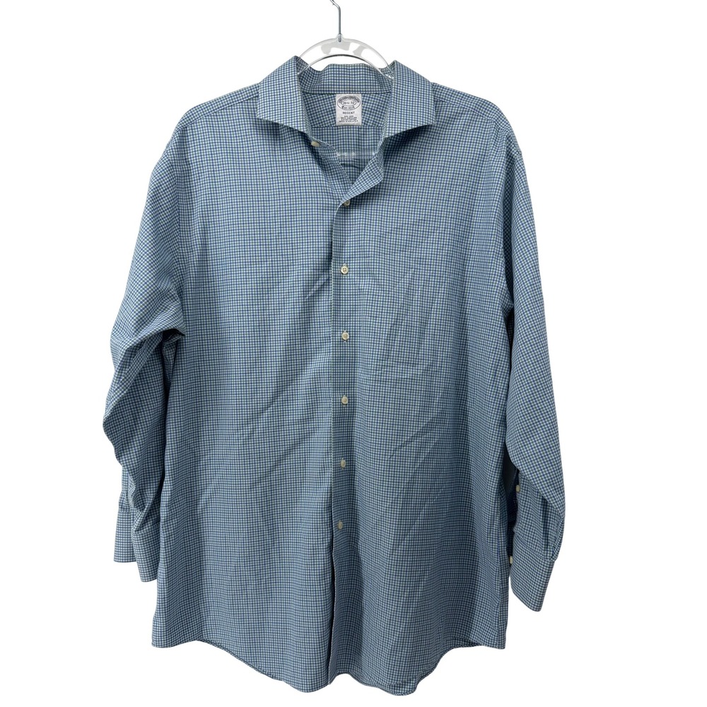 Brooks Brothers Regent Dress Shirt Mens 16.5 32 Blue Green Check Non-Iron Supima